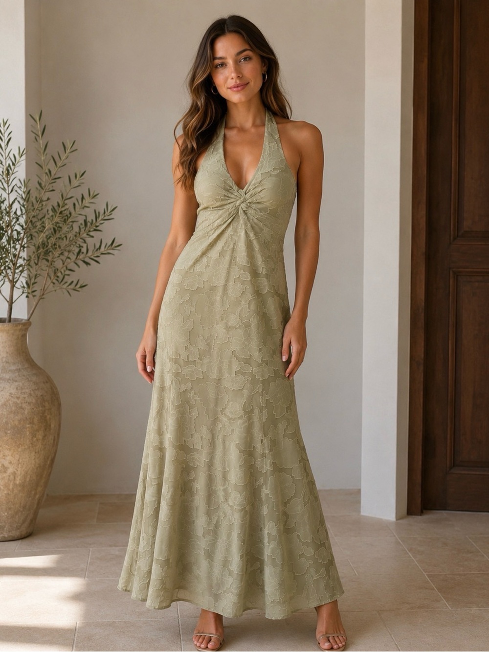 Sage Green Floral Jacquard Halter GownDress Open Back Size 4